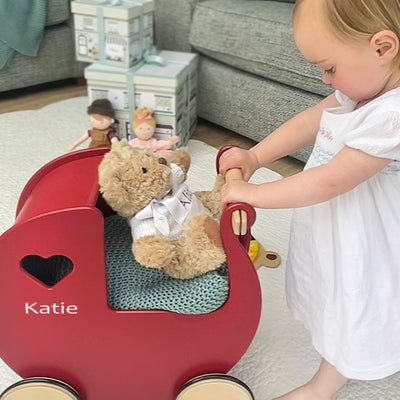 Personalised Red Wooden Pram & Bernard Bear