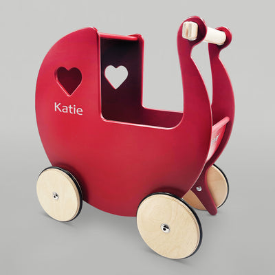 Personalised Red Wooden Pram & Bernard Bear